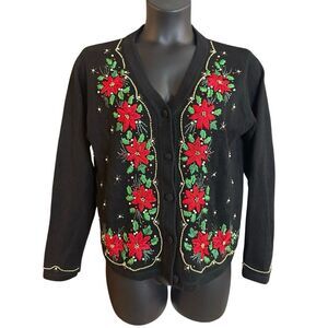 B.P. Design Women's Black Embroidered Christmas Ugly Cardigan Sweater Medium